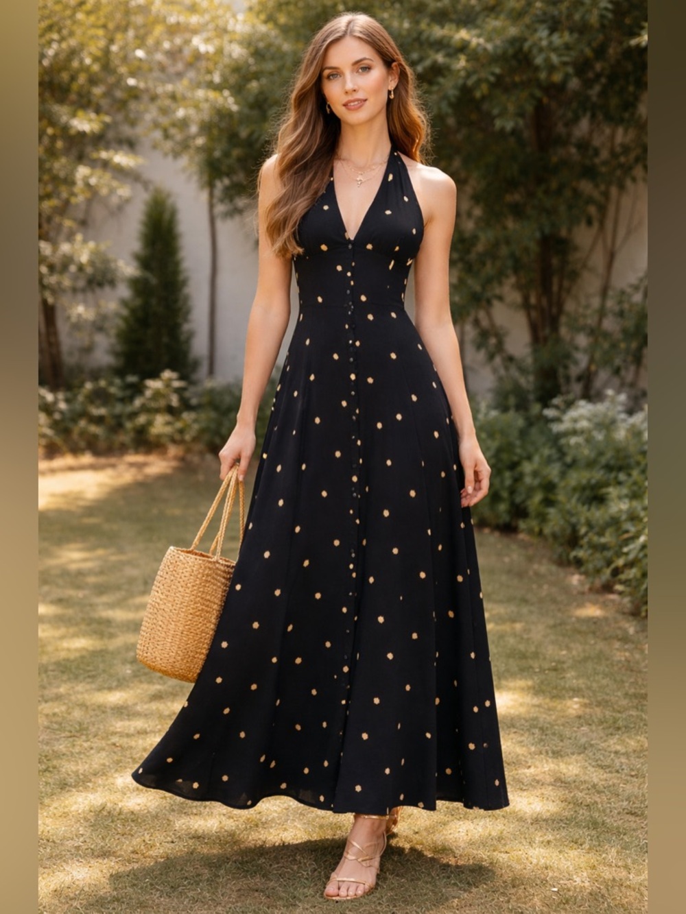 Vintage Feminine Halter A-Line Maxi Dress Polka Dot Countrycore Minimalist Y2K